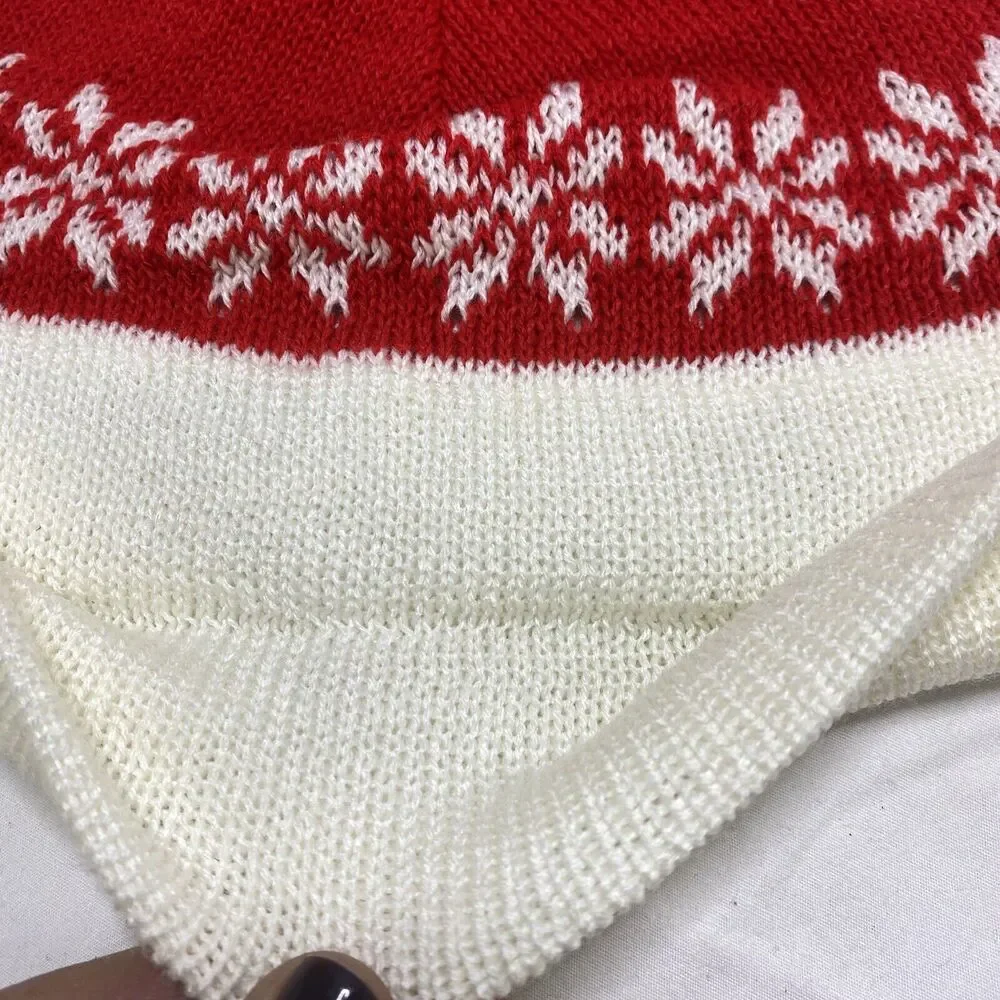 2 VTG NOS‎ Santa Christmas Cap Hat Stocking Red Knit Snowflakes Pom Pom Sweater